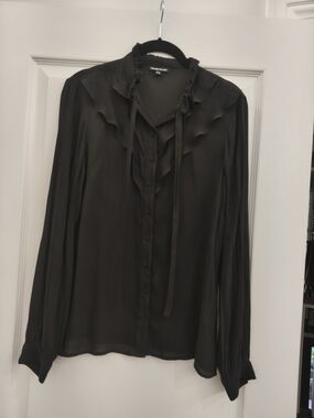 Vintage Y2K Warehouse Black Ruffle Tie-Neck Long Sleeve Blouse